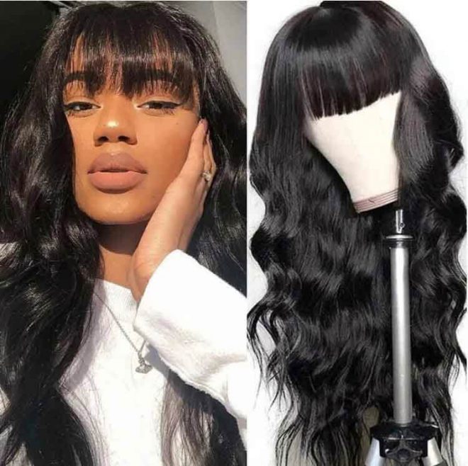 Body wave wig with bangs. Capless and glueless non-lace body wave wig. 150% density in human hair. Easy to wear, in an affordable price